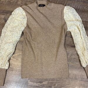 Beige Tan Sweater with Lace Sequins Sleeves